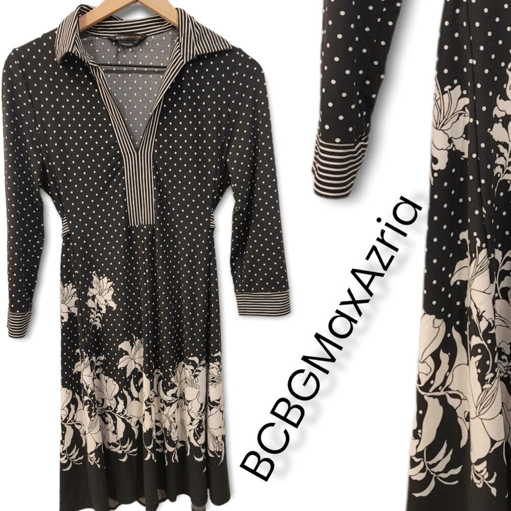 Bcbgmaxazria Black and White Mixed Print Dress Long Sleeves